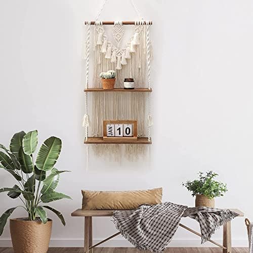 2-Tier Macrame Wall Hanging Shelf & Boho Decor, Wooden Floating Shelves