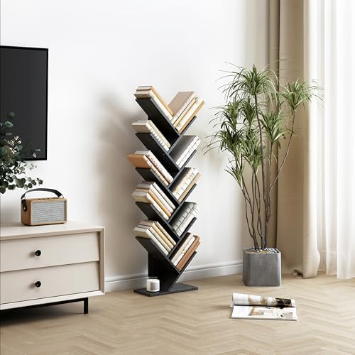 Hoctieon 10 Tier Tree Bookshelf, 10 Shelf Bookcase, Free Standing Tree Bookcase, Display Floor Standing Shelf for Books,