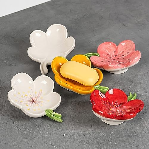 Self-Draining Soap Dish Flower Shaped Cute Shower Soap Container for Kitchen, Bathroom, Bedroom, Tulip, Orange