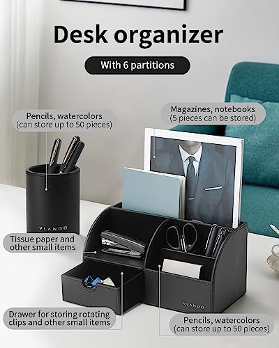 VLANDO 2 Pcs PU Leather Desk Caddy Set with Drawer,Pen Holder