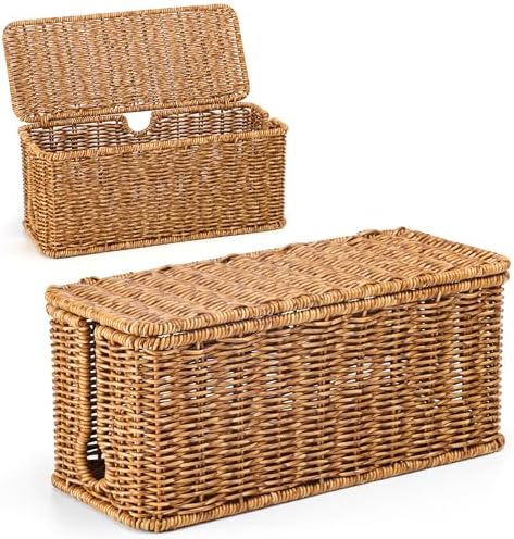ZhiYo Rattan Cable Management Box, Speckled Brown, 12.5" x 5" x 5.2"