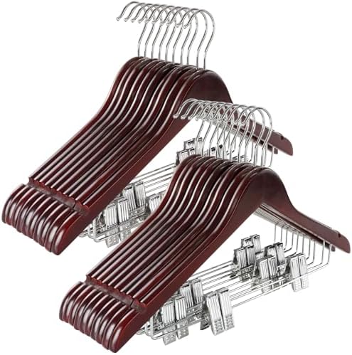 TOPIA HANGER Wooden Suit Hangers with Adjustable Metal Clips (20 Pack), Solid Wood Clothes Hangers, 360° Swivel Hook, Premium Retro Finish Pants Hangers for Clothes Coat, Jeans, Blouse- Cherry CT28M20