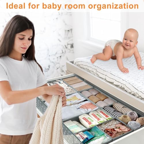 12 Pack Baby Clothes Organizer for Nursery Drawer - Foldable Fabric Dresser Dividers & Storage Bins for Diapers, Onesies