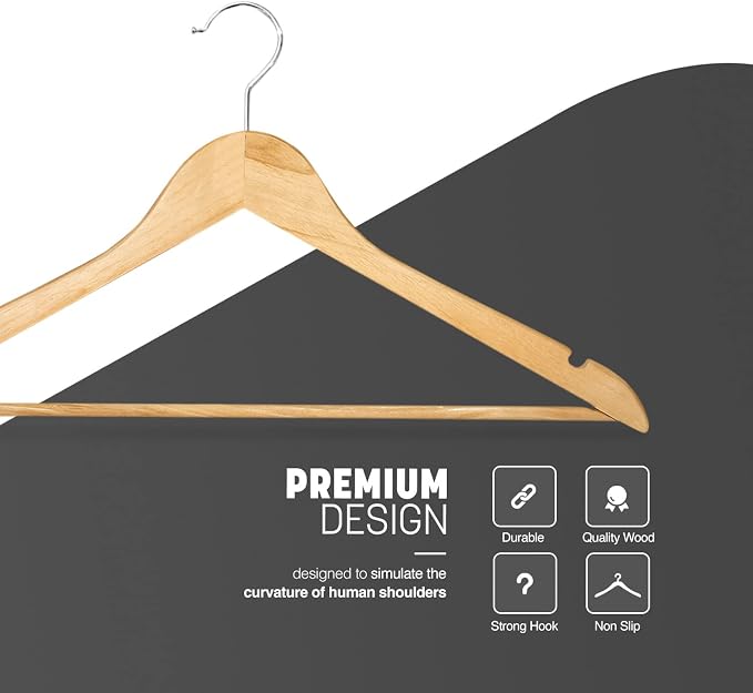 KEPLIN Strong Walnut Wood Wooden Coat Hangers with 360 Degree Rotatory Hook & Round Trouser Bar & Shoulder Notches - Durable Wardrobe Space Saver - Suitable for Coat, Jacket, Suit, Jumper (30 Pack)