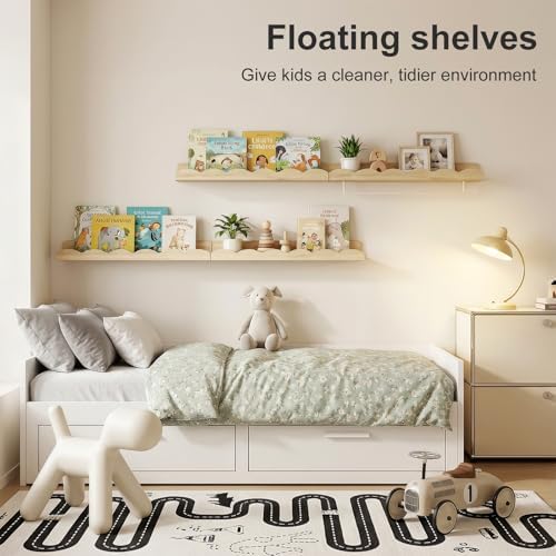Fixwal Nursery Book Shelves, 16.5 Inch Floating Bookshelves for Wall Set of 4, Scalloped Wall Book Shelves with Towel Ra