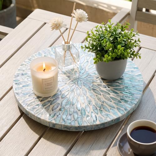 Reallnaive Mother of Pearl Lazy Susan, Round, Blue Floral Petal