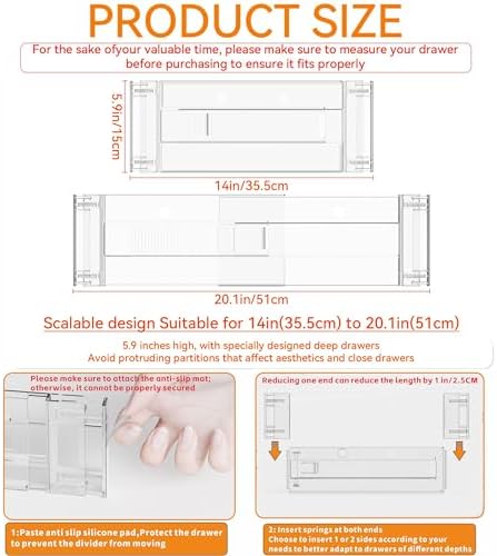 Yieach 12 Pack Clear Acrylic Drawer Divider 6 Inch High,Expandable from 14-20'',Adjustable Dresser Drawer Dividers for B