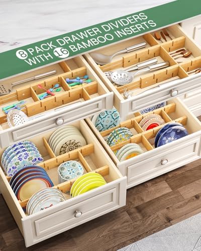 kiplant Bamboo Drawer Dividers - Adjustable Drawer Dividers for Kitchen, Clothes, Closet & Office - 8 Pack with Inserts, 13.8-18.8 Inches, Non-Slip Silicone Ends