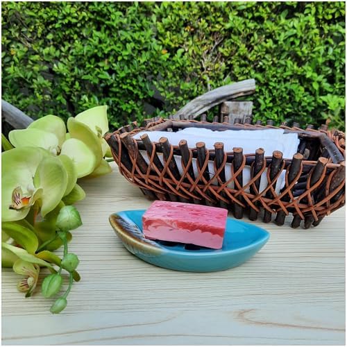 Ceramic Soap Dish with Self Draining Tray for Bathroom, Kitchen (Pastel Blue No.2), 6.25 x 3.75 x 1 inches (LxWxH), 1111