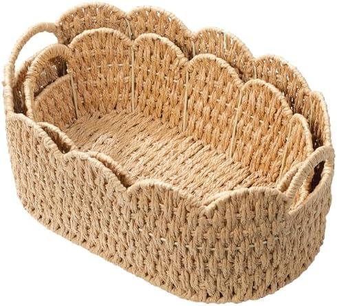 Coeusy Paper Rope Scalloped Basket Set of 2, Wicker Storage Baskets for Shelves,Gifts,Books,Toys,Cute Decor Rattan Baske