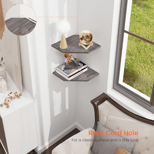 Homode Corner Shelf Wall Mount, Set of 2 Corner Floating Shelves with Cord Hole for TV, Cable Box, Wood Hanging Storage 