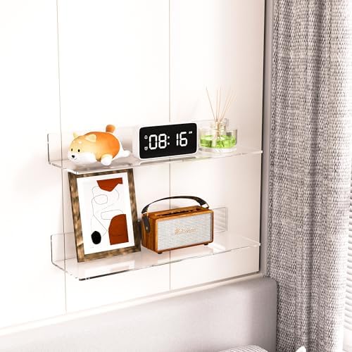 Sezanrpt 20 Inch Clear Wall Shelves for Wall, Wall Mounted Acrylic Floating Shelf for Plants, Speaker, Radio, Funko Pop, Stuffed Animal, Books, Cosmetics, Toiletries, 2 Pack (20 Inch)