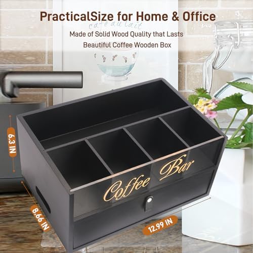 2-Tier Coffee Bar Organizer with Clear Acrylic Top, Built-in Drawer and Leather Handle Pull for Countertop, Stylish Coff