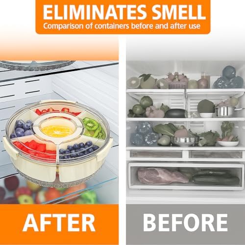 Divided Rotating Snackle Box Container, Veggie Tray with Lid for Fridge - Lazy Susan Snack Spinner with Handle, Rotating
