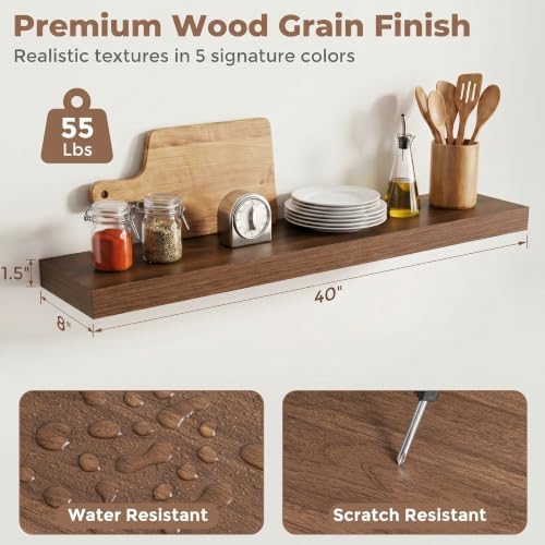 8 inch Deep Floating Shelves for Wall, 40" Wide, Walnut Finish, 2-Pack