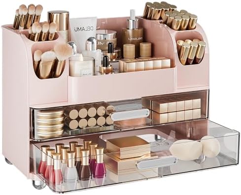 Delamu Large Makeup Organizer Countertop with 6 Brush Holders, Pink