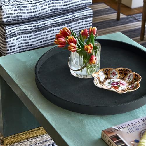 HofferRuffer Large Round Serving Tray 24'', Elegant Faux Leather Circle Ottoman Table Tray, Serve Tea Coffee Breakfast i