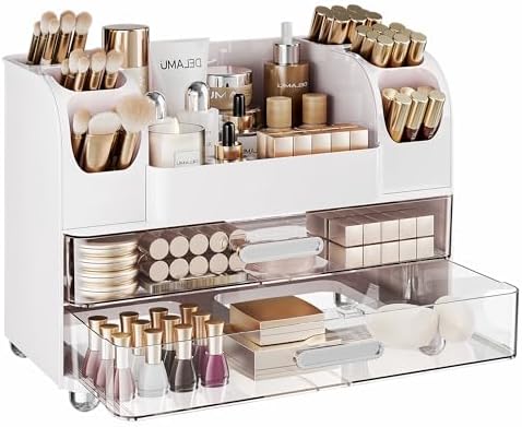 Delamu Large Makeup Organizer Countertop with 6 Brush Holders, White