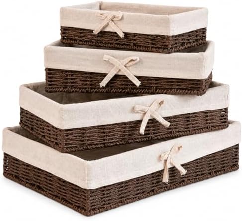 Lined Baskets for Shelves, Set of 4 Woven Paper Rope, Brown