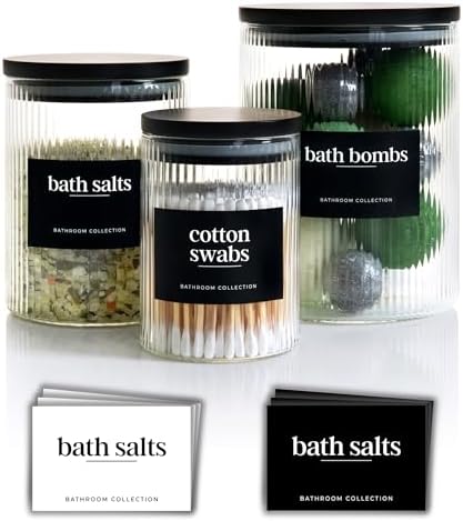 Mason & Fable 3x Ribbed Glass Bathroom Jars with Airtight Black Bamboo Lids | Cotton Pad/Buds/Q tip Holder | Bath Salt/S