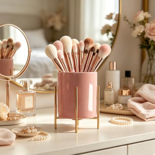 Ceramic Pen Holder Stand Cup Pencil Holder Organizer Makeup Brush Holders for Home Office Desk (Pink)