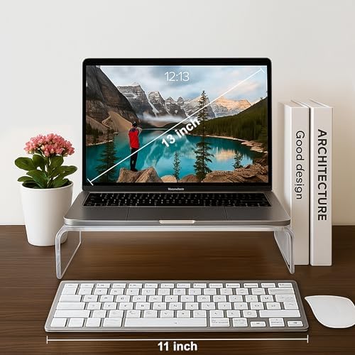 AMT Acrylic Laptop Monitor Stand & Computer Riser with Cat Keyboard Protector, Space-Saving Design, Extra Storage, Clear