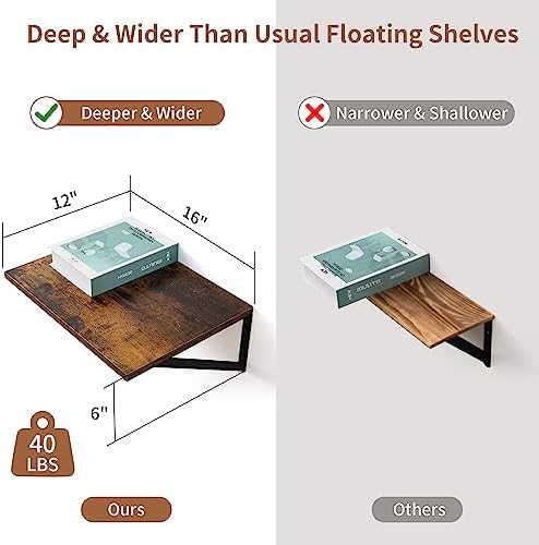 Axeman Deep Floating Shelves for Wall, 16W x 12D Rustic Wood Wall Shelves Set of 2, 12 Inch Deep Large Floating Shelves 