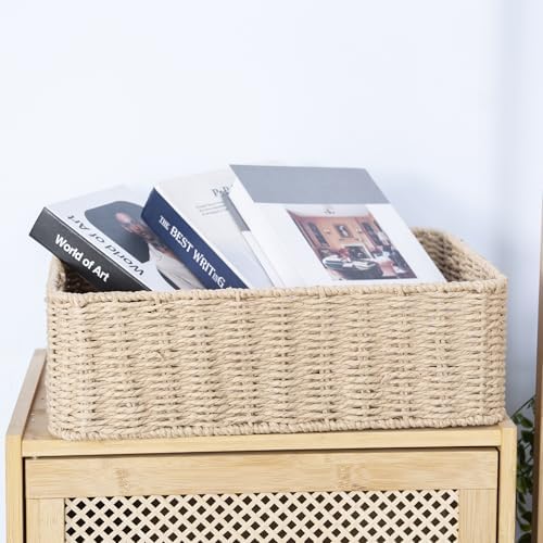 Rectangular Woven Paper Rope Storage Baskets for Shelves(Khaki)