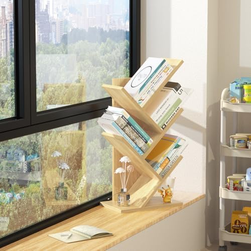 SHEEPAM Small Tree Book Shelf,5 Tier Bookshelf, Wood Desktop Bookcase
