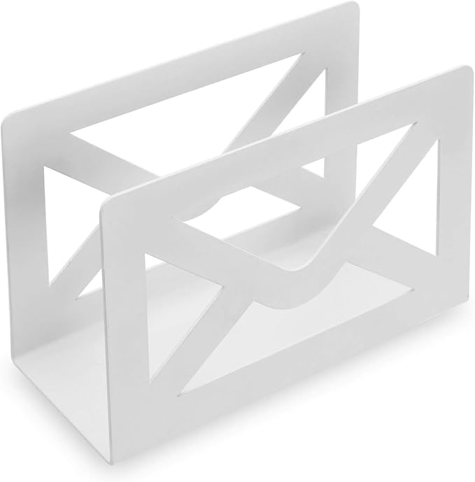 MyGift White Metal Desktop Mail Holder with Cutout Envelope Design Home and Office Desk Letter Organizer