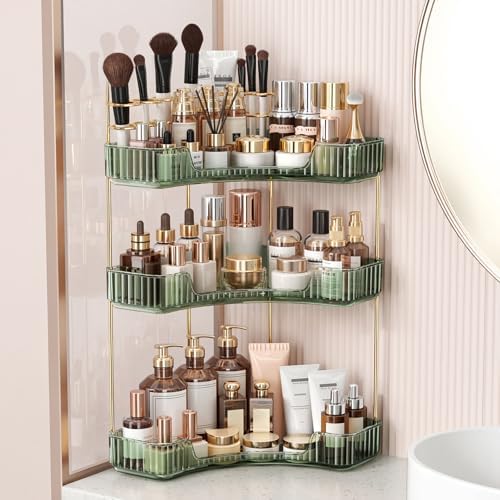 BEFSOP Corner Bathroom Counter Organizer, Upgraded 3-Tier Makeup Organizer Countertop with Makeup Brush Holder, Skincare