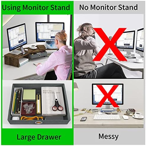 WESTREE Dual Monitor Stand Riser with Drawer, Monitor Stand Riser for 2 Monitors, Adjustable Length and Angle, 2 Solts f