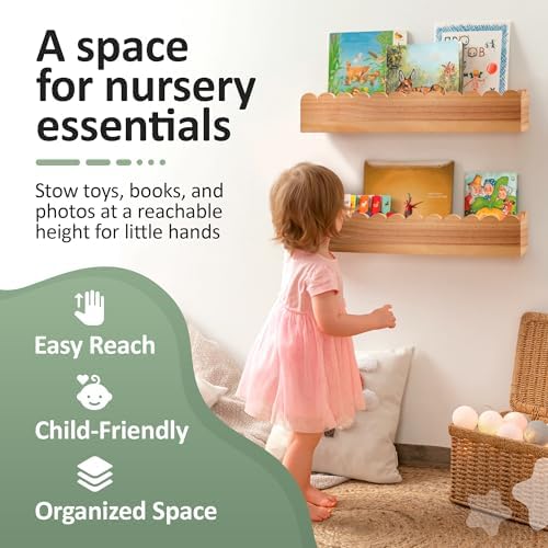 Floating Nursery Book Shelves (Set of 2), Scalloped Book Shelf - Kids Wall Bookshelf, Nursery Decor, Floating Shelves for Wall (24 inches Length), Scalloped Wall Shelf