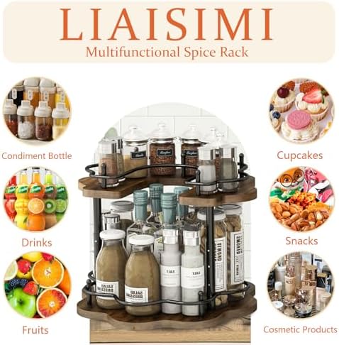 2 Tier Lazy Susan Organizer,2-Tier Spinning Spice Rack with Stable Carousel Base & 4 Height Settings for Cupboard Kitche