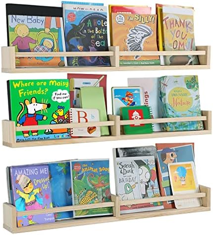 Austin yan Nursery Bookshelves Wall Mounted，32inch，Set of 3, Wood Floating Wall Bookshelf for Kids,Natural Wood Color,Ha