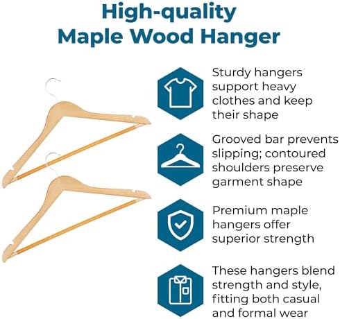 Honey-Can-Do Sturdy Maple Wood Hangers – Non-Slip Grooved Bar, Perfect for Shirts and Suits, Durable & Stylish, (Pack of 72)