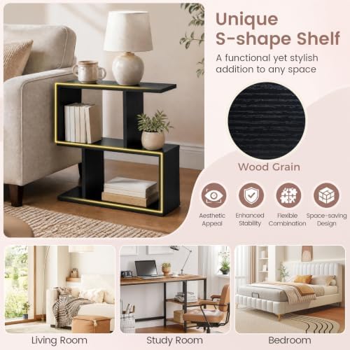 GIANTEX 3-Tier Geometric Bookshelf, Wood S-Shape Bookcase, Black