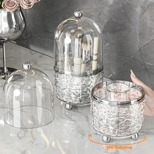 CHIRISEN 360 Rotating Makeup Brush Holder with Lid Dustproof Spinning Brush Storage for Bathroom Countertop, Cosmetic To