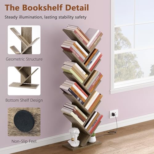 Hoctieon 10 Tier Tree Bookshelf with LED Lights, Small Bookcase, Freestanding Book Shelf, Display Floor Standing Storage