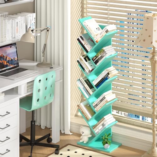 10 Tier Tree Book Shelf, Floor Standing Wood Bookshelf for Narrow Space