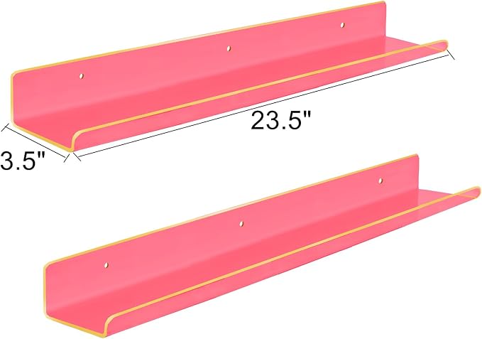 ROYALITA 2-Pack Acrylic Shelves Wall Mounted, 24 Inch Floating Shelves | for Small Items Plants Organize Wall Shelves for Gaming Room, Bedroom, Living Room, Office, Pink