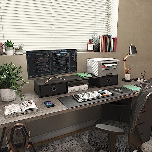 WESTREE Dual Monitor Stand Riser with Two Drawers, Extra Large Storage Monitor Stand for 2 Monitors, Desktop Oraganizer 