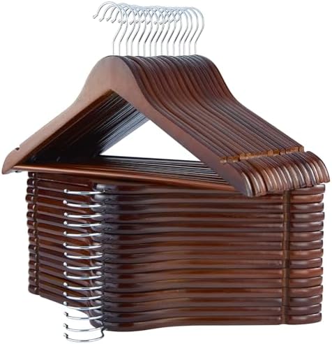 Solid Wooden Hangers, 30 Pack Walnut Slim Wood Hangers with Extra Smooth Finish, Precisely Cut Notches and Chrome Swivel Hook, Wooden Clothes Hangers for Shirt Suit Jacket Dress