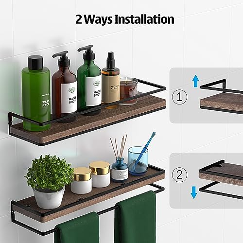 Meangood Floating Shelves Wall Mounted Set of 2, Rustic Wood Wall Storage Shelves for Bedroom,Living Room,Bathroom, Kitc
