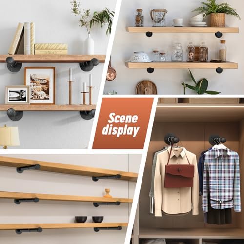 Industrial Pipe Shelf Brackets, 12-Pack Heavy Duty Floating Shelves Brackets for Wood, 12 Inch Black DIY Iron Pipe Brack