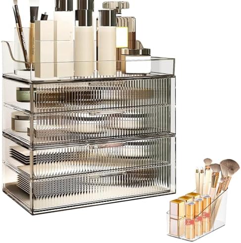 DASITON Clear Dustproof Four layers Storage Box,Makeup Brush Holder,Large Capacity Desktop Storage Box with Drawer,for B