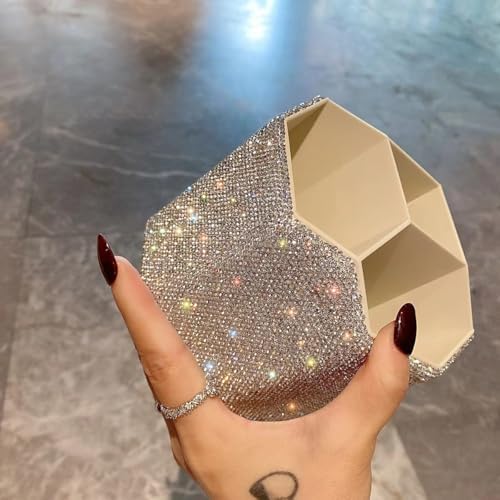 Bling Design Makeup Brush Holder Organizer,360° Rotating Glitter Rhinestones Cosmetics Storage with 5 Slot Large Capacit