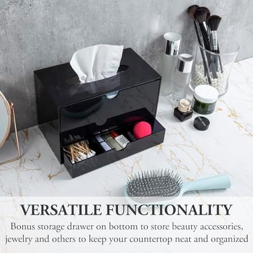 MyGift Premium Black Acrylic Cosmetic Organizer Caddy and Tissue Box Cover with Pull Out Makeup Storage Drawer - Counter
