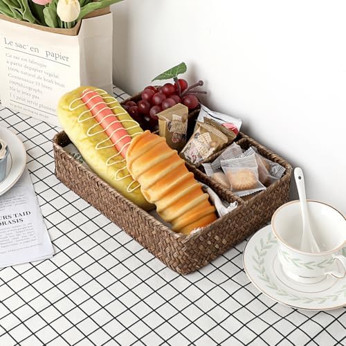 BTSKY Desk Drawer Organizer Tray, Coffee Station Organizer Tea Bag Organizer, Woven Seagrass Storage Basket with 4 Divided Sections Handwoven Wicker Basket for Shelves, Pantry, Coffee Bar (Coffee)