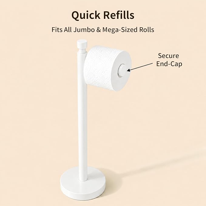YUMORE Toilet Paper Holder Stand with Weighted Base, Matte White | Stainless Steel Design with Open-Arm Access for Bathrooms and Powder Rooms